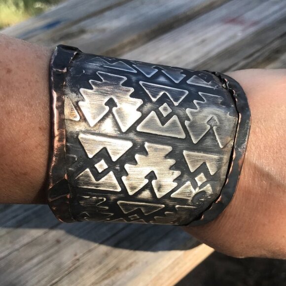 Aztec Sterling Silver 925 Southwestern Copper Cuff Unisex Wide Western Bracelet - Picture 2 of 10